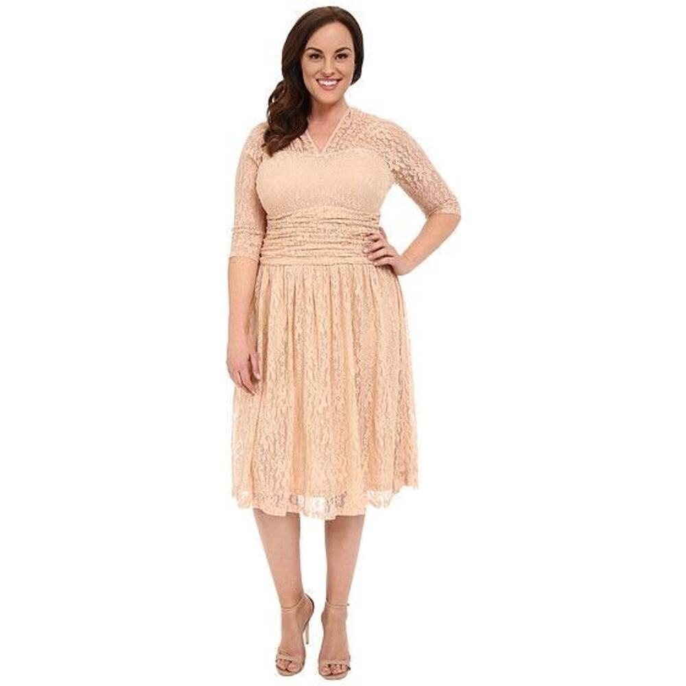 Kiyonna Party Dress Beige Lace Size 10 12 Swinging Symphony Lined Wedding Bride